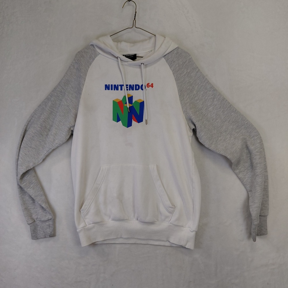 Nintendo 64 Mens Graphic Hoodie White Grey Raglan N64 Logo Sweatshirt Size M